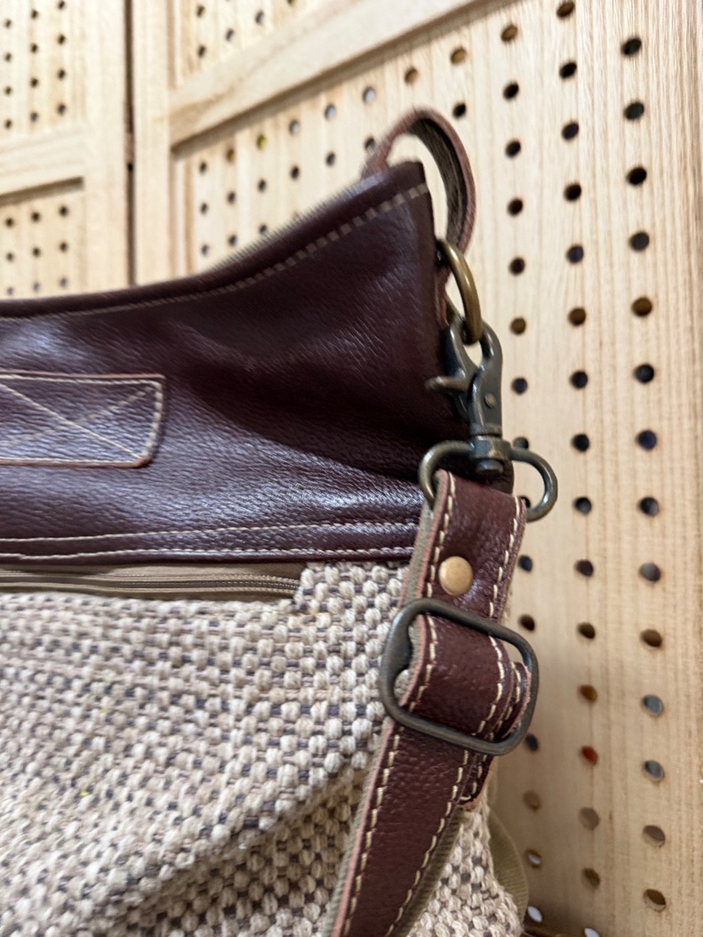 Myra Bag Woven Canvas & Leather Boho Slouch Crossbody Purse - Picture 4 of 12